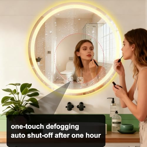 Espejo de baño circular de 80 cm con iluminación LED,función inteligente antivaho, 3 ajustes de temperatura de color ajustables, funcionamiento con control táctil,adecuado para baños y dormitorios