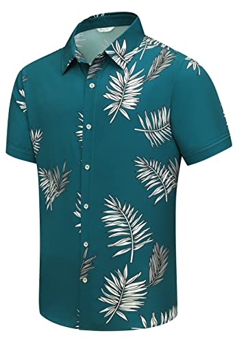 SheLucki Mens Hawaiian Shirts Short Sleeve Casual Button Down Shirts Summer Tropical Floral Beach Shirt Leaf Green 1-077 XL