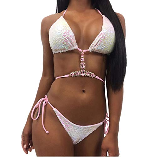 Lotus.Flower Women Crystal Drill Sequins Bikini Set Beach Swimwear Beachwear Swimsuit (XL, White)