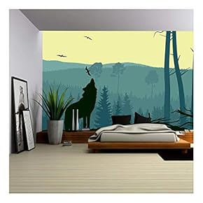 Horizontal Abstract Banners of Wild Animals (Deer, Wolf) in Hills of Forest with Trunks of Trees in Green Tone. - Removable Wall Mural | Self-Adhesive Large Wallpaper - 66x96 inches