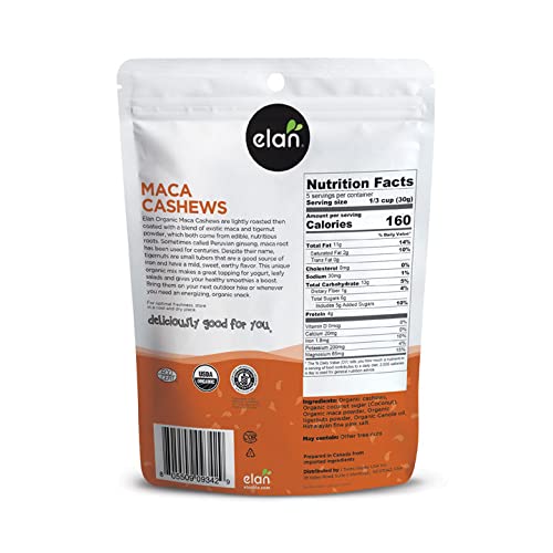 ELAN ORGANIC MACA CASHEWS, 5.6 OZ, HEALTHY SNACKS, NON-GMO, GLUTEN-FREE, VEGAN KOSHER, GLAZED NUTS (ROASTED CASHEWS, MACA POWDER, TIGERNUT POWDER), SUPERFOOD INFUSED NUTS