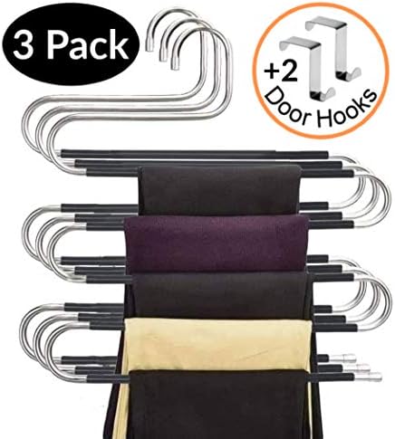 Calido Designs S-Shape Pants Hangers Space Saving Hangers Non Slip Clothes Hangers Stainless Steel Pant Hangers for Jeans Scarf Ties Belts Skirt and Pants Hanger Organizer (3 Pack with 2 Door Hooks)