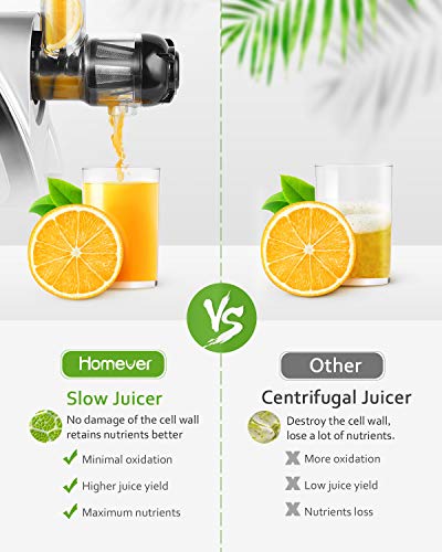 Juicer Machines, Homever Slow Masticating Juicer Extractor Easy to Clean, Cold Press Juicer for All Fruit and Vegetable,BPA-Free, Quiet Motor and Reverse Function with Juice Jug & Brush, Silver