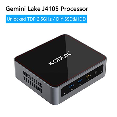 KODLIX GK45 Mini PC Intel Gemini Lake Celeron J4105 Mini Computer, LPDDR4 4GB RAM+64GB eMMC, DIY SSD&HDD, 4K@60Hz HDMI/Mini DP/USB-C Output, 2x Ethernet Port, Support Windows 10 Pro, Chromium&Linux OS