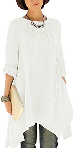 Gikim Women's Plus Size Casual Long Sleeve Linen Cotton Irregular Dress with Pockets White 2XL