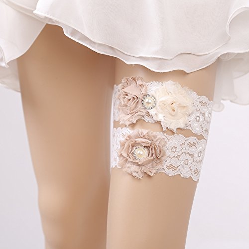 Kercisbeauty Set of 2 Handmade Bridal Bridesmaids Elastic Adjustable Garter White Lace Champagne Rose Flower and Pearl,Hen night bachelorette party - Thumbnail 3