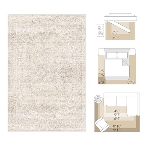Fmfunctex 9x12 Washable Area Rug Neutral Beige Vintage Distressed Oriental Non Slip Low Pile Floral Rug Cream Traditional Soft Thin Retro Tapis Salon Indoor Carpet for Living Room Bedroom Dining Room