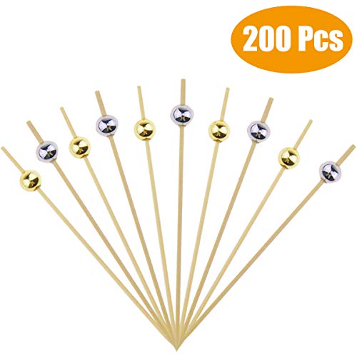 Jyongmer 200 Counts 4.7" Gold & Silver Pearl Handmade Bamboo Toothpicks, Fruit Sticks, Cocktail Picks,Wooden Toothpicks Party Supplies
