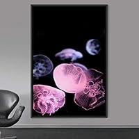 Framed Canvas Wall Art Jellyfish Bedroom Colorful Jellyfish Marine Life Multicolor Neon Photography Tropical - 16x24 inches