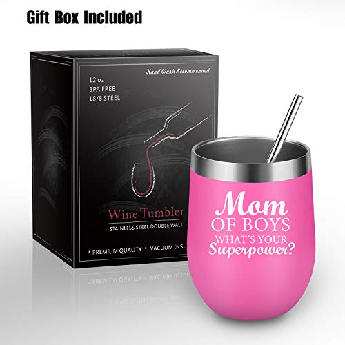 Mom of Boys What's Your Superpower - Boy Mom Gifts for Women - Funny Mom Birthday, Mothers Day, Thanksgiving, Christmas Gifts for Boymom, Mother of Boys - LEADO Boy Mom Wine Tumbler Mommy's Sippy Cup
