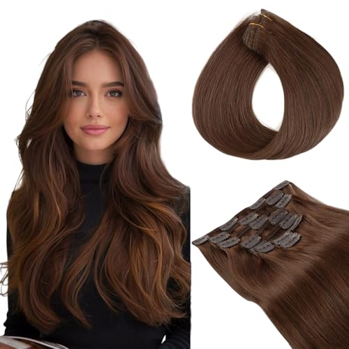 Yuniffe Clip in Hair Extensions Human Hair 14 Inch 120g 8pcs Meduim Brown Hair Extensions Clip in Human Hair Double Weft Silky Straight Human Hair Extensions #4