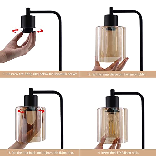 Industrial Table Lamp for Bedroom with USB Type-C AC Ports Amber Glass Lamp Shade Touch Control Bedside Lamp 3-Way Dimmable Nightstand Reading Lamp Set of 2 for Living Room,Office,2 LED Bulbs Include