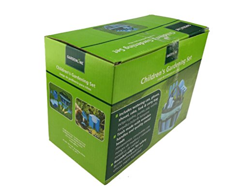 Gardening Tool Set For Kids Children Includes Watering Can Gloves Shovel Rake Fork and Carry bag Girls Boys Gift (Blue)