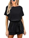 Utyful Women's Casual Short Sleeve Belted Keyhole Back One Piece Black Jumpsuit Romper Size Medium (Fits US 8 - US 10)