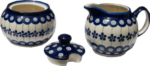 Polish Pottery Sugar Bowl and Creamer From Zaklady Ceramiczne Boleslawiec #694/711-166a Floral Peacock Classic Pattern, Sugar Bowl: Height: 3.7" Creamer: Height: 3.4"