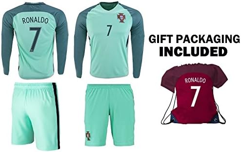JerzeHero Portugal Ronaldo #7 Kids Youth Soccer Gift Set ✓ Soccer Jersey ✓ Shorts ✓ Jersey Drawstring Bag ✓ Home or Away ✓ Short Sleeve or✓ Long Sleeve (YM 8-10 yrs, Away Long Sleeve)