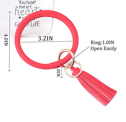 Coolcos Wristlet Keychain Bracelet Bangle Keyring - Large Circle Key Ring Leather Tassel Bracelet Key Chain Holder For Women Girl (Red) - Thumbnail 3
