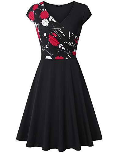 Lotusmile Elegant Dresses, Womens Casual Dress A Line Cap Sleeve V Neck (Black Red, Small)