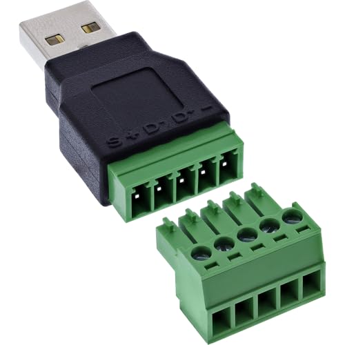 Inline USB-A Male to Terminal Block Adapter, 5 Pin, No Cable, for Connecting Open Cable Ends, Solderless and Tool-Free, 92504A