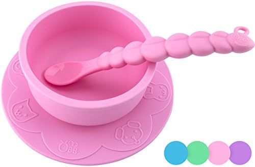 OBB Silicone Baby Bowl with Suction Cup Base and Animal Print | Includes Caterpillar Spoon (Pink)