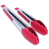 Premium Silicone Kitchen Tongs Set Of 2, Salad BBQ Serving Utensils Stainless Steel Handle - Red (9&12 Inch) / CookinGuru