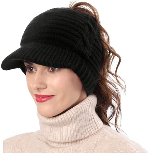 YUSSTAR Open Beanie with Earflaps Visor Brim Bun Ponytail 