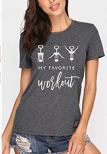 My Favorite Workout Corkscrew Graphic T-Shirt Women's Letter Print Wine Lover Gift Tee Casual O-Neck Tops Size M (Black)