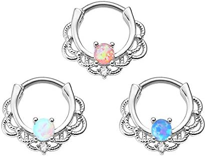 Synthetic Opal Nose Septum Rings Hoop Clickers Ear Helix Cartilage Studs 16g Body Piercing Jewelry(Pack of 3pcs)