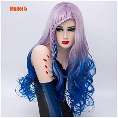 Lady night Long Braids Wigs for Women Rainbow Ombre Braiding Synthetic Wavy Wig Natural Purple Blue Pink Hair,Multi Color,24inches
