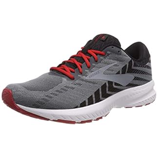Side view of the Brooks Men's Launch 6 running shoe in grey, red, and white, showcasing a breathable grey mesh upper with black chevron patterns, red laces, and a cushioned white midsole for enhanced running performance.