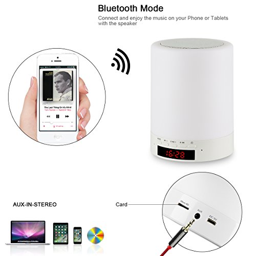 Night light bluetooth speaker, Tranesca Portable Wireless Bluetooth Speaker with 7 color LED light, warm night light and alarm clock