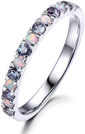 Color Change Alexandrite Opal Wedding Band 925 Sterling Silver Half Eternity White Gold Stacking Ring