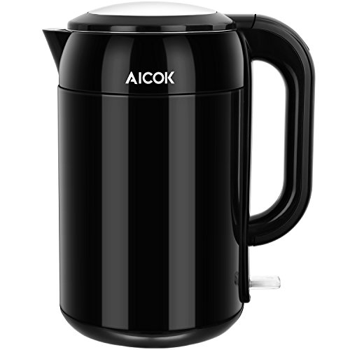 Click Here to See More Images Aicok Electric Kettle Double Wall Cool Touch, Stainless Steel Interior (Non-Plastic Touch Water) 1.7 Liter Auto Shut Off 1500W, Bright Black