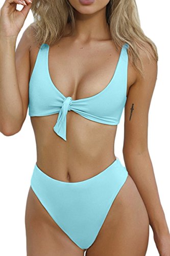 ESONLAR Sexy Front Tie Knot Cropped Top High Cut 2PCS Bikini Swimsuit for Women Light Blue M