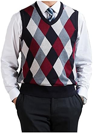 Men's Argyle V-Neck Sweater Vest Woolen Color Block Knit Business Casual
