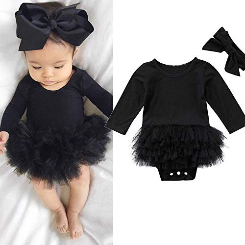 ❤️️ Mealeaf ❤️️ Infant Newborn Baby Girl Tulle Tutu Romper Bodysuit Clothes Headband Outfits Set 0-24 Month Black