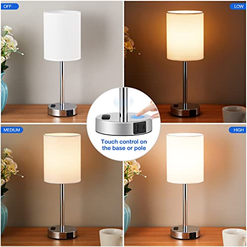 Juego de 2 lámparas táctiles de mesita de noche pequeña, 3 vías, regulables, puertos USB C, A y tomacorrientes, modernas para habitación de niños, con pantalla de lino y base plateada, color blanco