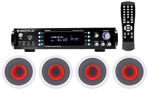 Rockville 1000w Home Theater Bluetooth Receiver+(4) in-Ceiling 6.5″ LED Speakers