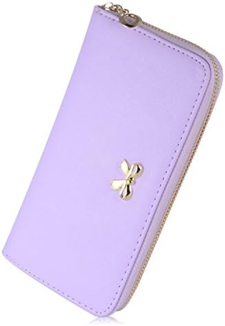 Leiwo Women' Lady Leather Zipper With Bow Purse Credit Card Holder Wallet Light Purple
