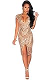 Kearia Women Short Sleeve Deep V-Neck Sequin Split Bodycon Cocktail Party Dress