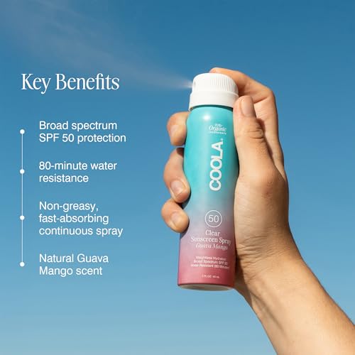 COOLA Organic Sunscreen SPF 50 Sunblock Spray, Dermatologist Tested Skin Care for Daily Protection, Vegan and Gluten Free, Guava Mango, Travel Size, 2 Fl Oz