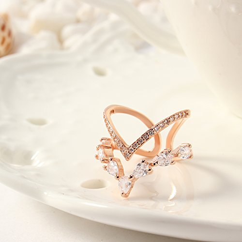 KAVANI V Shaped Open Circle Irregular White Gold Plated Finger Ring for Women with Cubic Zircon Stones Wedding Ring Band Set - Thumbnail 3
