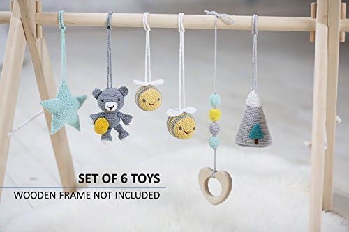 Woodland baby gym toys set of 6. Mountains Adventure. Bear &amp; bees. Crochet baby gym toys rattles, teething toy wood, grey, yellow, mint. Handmade in eastern Europe.