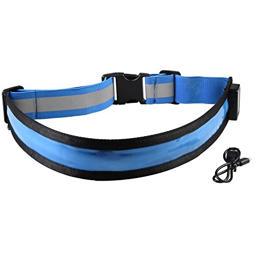LED Light Up Running Belt Reflective Waist Belt USB Rechargeable Safety Lights Fully Adjustable Elastic Glowing Band & High Visibility Gear for Running Walking Cycling, Fits Women Men & Kids (Blue)