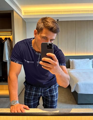Litherday Pyjamas Men Summer Cotton Short Set 2 Pieces T-Shirt Short Sleeve Plaid Pants Sleepwear Soft and Breathable for Home S-3XL