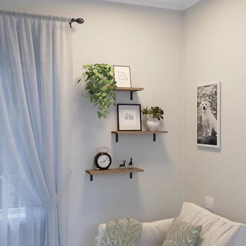 LBOYLOVE® 3 Pcs Floating Wall Shelves, 16.5*5.5 Inches Wooden Floating Shelves for Wall Decor, Photos & Display, Wall Mounted Shelves with Metal Brackets for Bedroom, Living Room, Bathroom (Woodgrain)