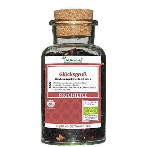 AURESA Loser Tee im Glas | Früchtetee Glücksgruß mit Beeren - 120g | Wiederverwendbare Glasflasche mit Korkverschluss