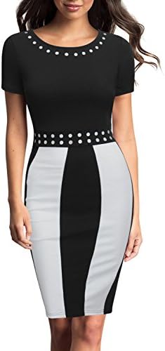 FORTRIC Women Short Sleeve Round Neck Elegant Bodycon Wear to Work Party Dress