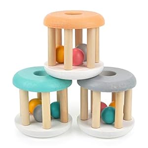 DUCKBOXX XX Wooden Rattle Rollers for Babies Ages 0m – 2yrs (White Base – 3pcs)