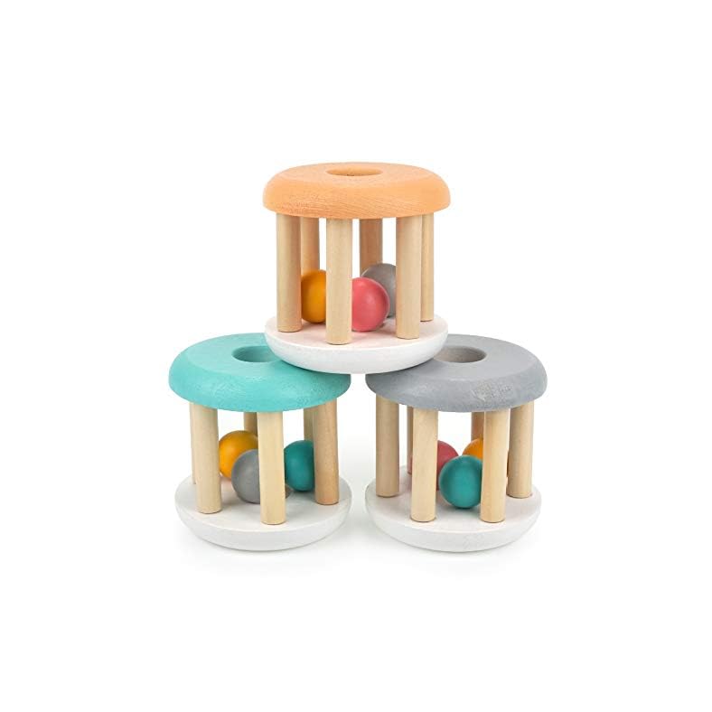 DUCKBOXX XX Wooden Rattle Rollers for Babies Ages 0m – 2yrs (White Base – 3pcs)
